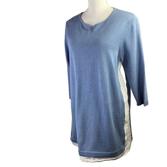 J. Jill Linen Blend Knit Sweater Tunic 3/4 Sleeve Shirt Blue White Faux Layers - Picture 2 of 9